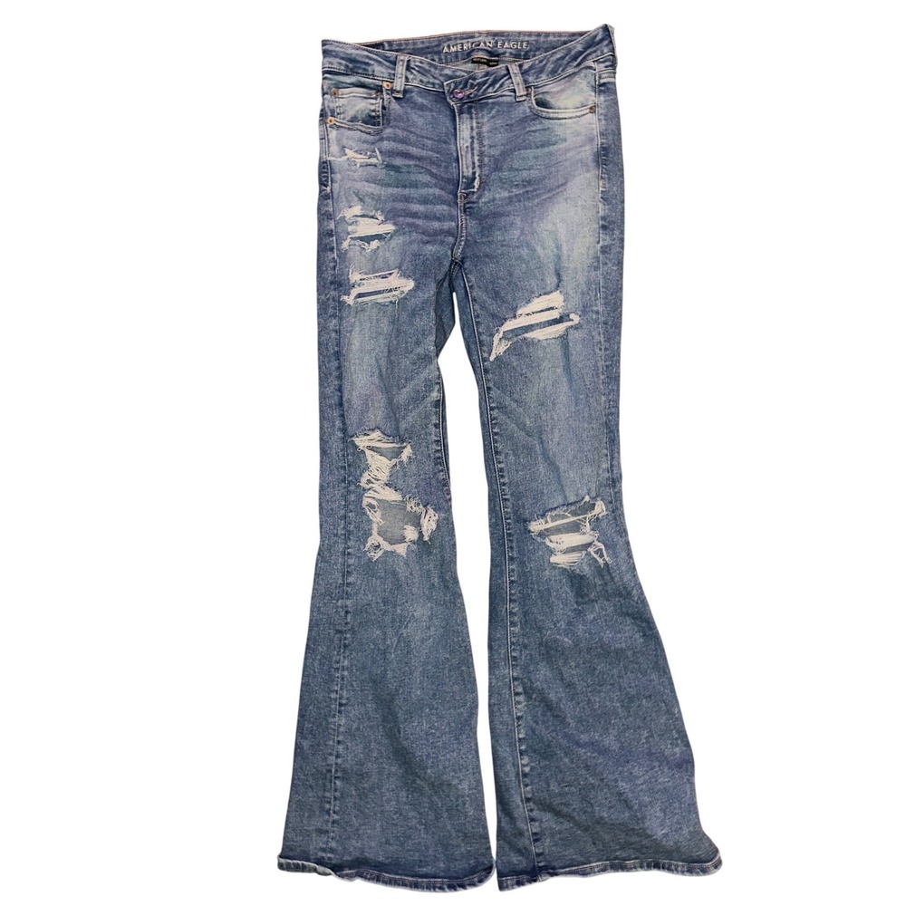 American Eagle Next Level Stretch Distressed Flare Jeans Blue 10 Long